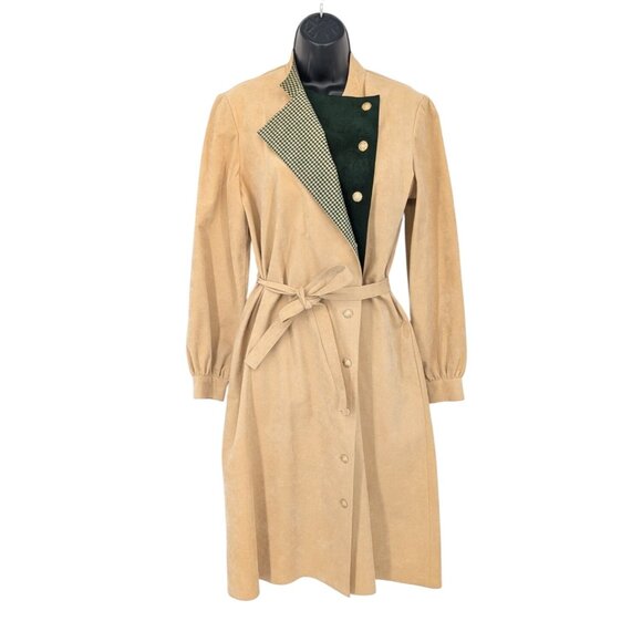Vintage Mollie Parnis Trench Coat Women Size M Ultrasuede Houndstooth Academia - Picture 1 of 11